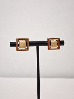Vintage Napier Square Open-Frame Stud Earrings Polished/ Brushed Gold Tone